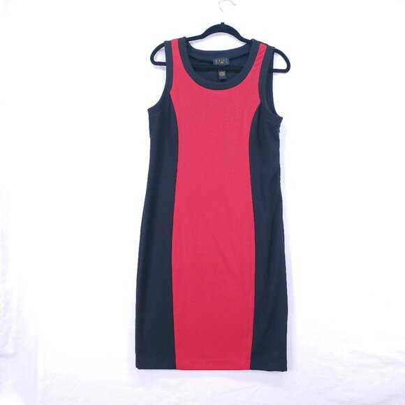 IMAN Red Black Scoop Neck Bodycon Mid Length Colorblock Business Office Dress L - Picture 1 of 13